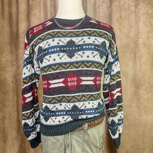 Vintage 90s Geometric Sweater Fair Isles Argyle Diamond Knit Multicolor Grandpa